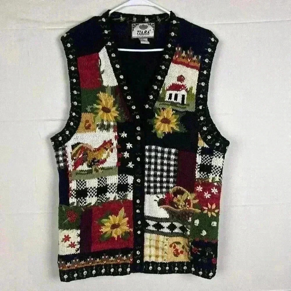 Tiara International Embroidered Button Sweater Vest Floral Rooster Country Large - Picture 1 of 16